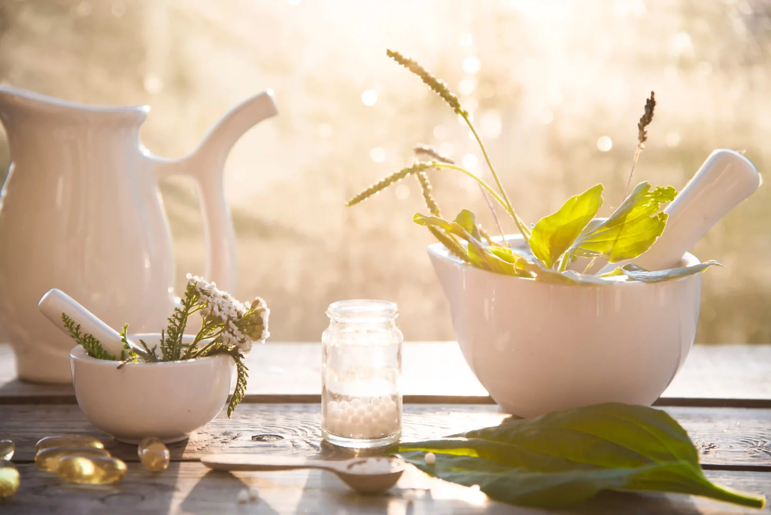 Natural herbal preparations with mortar and pestle in soft sunlight, showcasing naturopathic medicine ingredients at The Natural Path Collective in Geelong