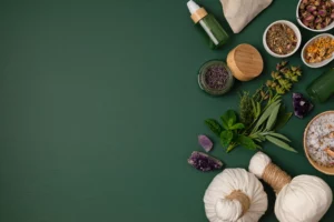 Professional naturopathic treatment supplies including medicinal herbs, essential oils, and therapeutic elements used in holistic consultations at The Natural Path Collective Geelong