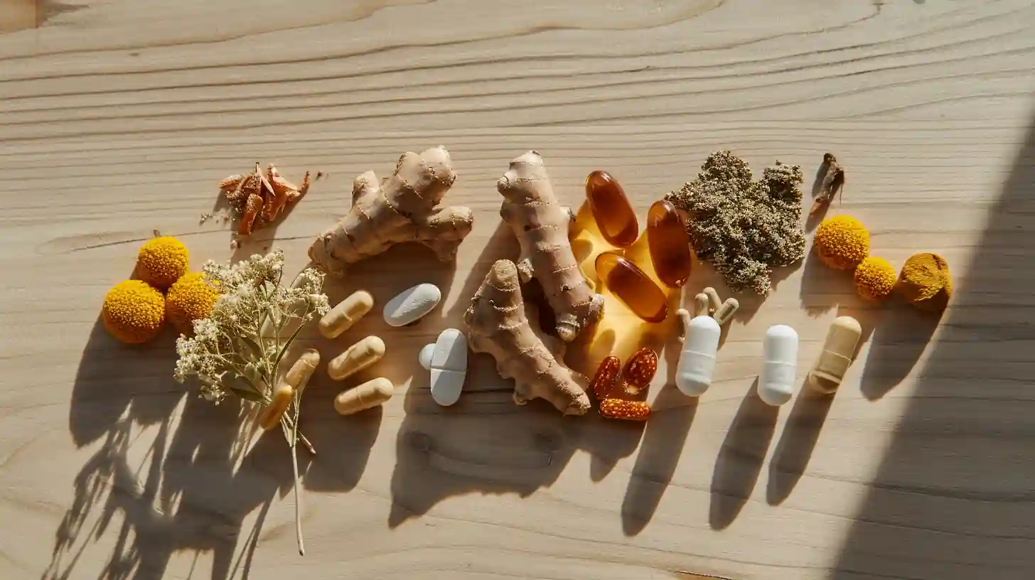 Collection of natural ingredients used in naturopathic autoimmune protocols including herbs, supplements, and therapeutic foods